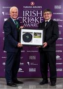 28 February 2020; Alan Lewis, left, who was presented with the Cricket Writers of Ireland Hall of Fame award by Ian Callender from the Cricket Writers of Ireland at the Turkish Airlines Irish Cricket Awards 2020 at The Marker Hotel in Dublin. Photo by Matt Browne/Sportsfile