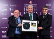 28 February 2020; Alan Lewis, centre, who was presented with the Cricket Writers of Ireland Hall of Fame award by Ger Siggins, left, and Ian Callender from the Cricket Writers of Ireland at the Turkish Airlines Irish Cricket Awards 2020 at The Marker Hotel in Dublin. Photo by Matt Browne/Sportsfile