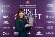 28 February 2020; Alison Cowan with her O'Neills Female Club Player of the Year award during the Turkish Airlines Irish Cricket Awards 2020 at The Marker Hotel in Dublin.     Photo by Matt Browne/Sportsfile