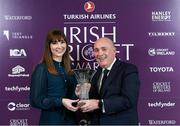 28 February 2020; Alison Cowan is presented with the O'Neills Female Club Player of the Year award by Kieran Kennedy from O'Neill's during the Turkish Airlines Irish Cricket Awards 2020 at The Marker Hotel in Dublin.     Photo by Matt Browne/Sportsfile