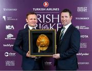 28 February 2020; William Porterfield, with his 300th cap presented by Andrew White from Cricket Ireland at the Turkish Airlines Irish Cricket Awards 2020 at The Marker Hotel in Dublin. Photo by Matt Browne/Sportsfile