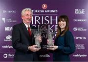 28 February 2020; Arland Britton, left, who was presented with the O'Neills Male Club Player of the Year award on behalf of his son, Andrew Britton, who could not attend, and Alison Cowan with her O'Neills Female Club Player of the Year award during the Turkish Airlines Irish Cricket Awards 2020 at The Marker Hotel in Dublin. Photo by Matt Browne/Sportsfile