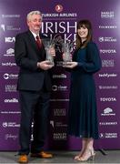 28 February 2020; Arland Britton, left, who was presented with the O'Neills Male Club Player of the Year award on behalf of his son, Andrew Britton, who could not attend, and Alison Cowan with her O'Neills Female Club Player of the Year award during the Turkish Airlines Irish Cricket Awards 2020 at The Marker Hotel in Dublin. Photo by Matt Browne/Sportsfile
