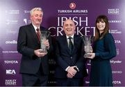28 February 2020; Kieran Kennedy from O'Neill's, centre, with Arland Britton, left, who was presented with the O'Neills Male Club Player of the Year award on behalf of his son, Andrew Britton, who could not attend, and Alison Cowan with her O'Neills Female Club Player of the Year award during the Turkish Airlines Irish Cricket Awards 2020 at The Marker Hotel in Dublin. Photo by Matt Browne/Sportsfile