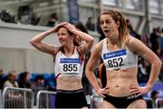 29 February 2020; Ciara Wilson of DMP AC, Wexford, left, reacts after winning the Senior Women's 3000m event during day one of the Irish Life Health National Senior Indoor Athletics Championships at the National Indoor Arena in Abbotstown in Dublin. Photo by Sam Barnes/Sportsfile