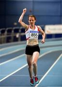 29 February 2020; Ciara Wilson of DMP AC, Wexford, celebrates on her way to winning the Senior Women's 3000m event during day one of the Irish Life Health National Senior Indoor Athletics Championships at the National Indoor Arena in Abbotstown in Dublin. Photo by Sam Barnes/Sportsfile