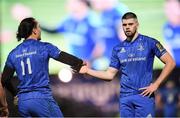 28 February 2020; James Lowe, 11, celebrates with Leinster team-mate Harry Byrne after scoring a try during the Guinness PRO14 Round 13 match between Leinster and Glasgow Warriors at the RDS Arena in Dublin. Photo by Ramsey Cardy/Sportsfile