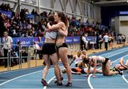 29 February 2020; Ciara Wilson of DMP AC, Wexford, left, is congratulated by Fiona Kehoe of Kilmore AC, Wexford, after winning the Senior Women's 3000m event during day one of the Irish Life Health National Senior Indoor Athletics Championships at the National Indoor Arena in Abbotstown in Dublin. Photo by Sam Barnes/Sportsfile