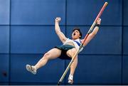 29 February 2020; Yuri Kanash of West Waterford AC, celebrates a clearance whilst competing in the Senior Men's Pole Vault event during day one of the Irish Life Health National Senior Indoor Athletics Championships at the National Indoor Arena in Abbotstown in Dublin. Photo by Sam Barnes/Sportsfile