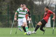 29 February 2020; Stuart McEvoy of Shamrock Rovers in action against Stefan Balog and James Boyle of Bohemians during The Megazyme Irish Amputee Football Association National League Round 3 match between Shamrock Rovers and Bohemians at Shamrock Rovers Academy in Roadstone Sports Complex, Dublin. Photo by Matt Browne/Sportsfile