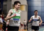 29 February 2020; Mark Smyth of Raheny Shamrock AC, Dublin, left, celebrates winning the Senior Men's 200m event during day one of the Irish Life Health National Senior Indoor Athletics Championships at the National Indoor Arena in Abbotstown in Dublin. Photo by Sam Barnes/Sportsfile