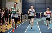 29 February 2020; Mark Smyth of Raheny Shamrock AC, Dublin, left, on his way to winning in the Senior Men's 200m event during day one of the Irish Life Health National Senior Indoor Athletics Championships at the National Indoor Arena in Abbotstown in Dublin. Photo by Sam Barnes/Sportsfile