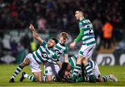 28 February 2020; Jack Byrne of Shamrock Rovers, bottom, celebrates after scoring his side's third goal with team-mates, from left, Roberto Lopes, Liam Scales, Aaron McEneff and Neil Farrugia during the SSE Airtricity League Premier Division match between Shamrock Rovers and Dundalk at Tallaght Stadium in Dublin. Photo by Ben McShane/Sportsfile