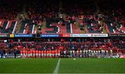 29 February 2020; Players, officials and supporters observe a minutes applause in honour of former Munster Rugby CEO Garrett Fitzgerald prior to the Guinness PRO14 Round 13 match between Munster and Scarlets at Thomond Park in Limerick. Photo by Ramsey Cardy/Sportsfile