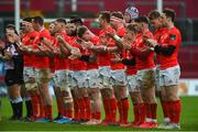 29 February 2020; Munster players observe a minutes applause in memory of former CEO Garrett Fitzgerald prior to the Guinness PRO14 Round 13 match between Munster and Scarlets at Thomond Park in Limerick. Photo by Diarmuid Greene/Sportsfile