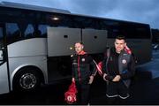 29 February 2020; Darren McCurry, right, and Frank Burns of Tyrone arrive prior to the Allianz Football League Division 1 Round 5 match between Tyrone and Dublin at Healy Park in Omagh, Tyrone. Photo by David Fitzgerald/Sportsfile