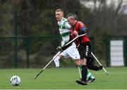 29 February 2020; Garry Hoey of Bohemians in action against Kevin Fogerty of Shamrock Rovers during The Megazyme Irish Amputee Football Association National League Round 3 match between Shamrock Rovers and Bohemians at Shamrock Rovers Academy in Roadstone Sports Complex, Dublin. Photo by Matt Browne/Sportsfile