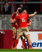 29 February 2020; Billy Holland of Munster is congratulated by team-mates Craig Casey, Fineen Wycherley and Arno Botha after scoring his side's second try during the Guinness PRO14 Round 13 match between Munster and Scarlets at Thomond Park in Limerick. Photo by Diarmuid Greene/Sportsfile