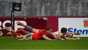 29 February 2020; Dan Jones of Scarlets in action against Mike Haley of Munster during the Guinness PRO14 Round 13 match between Munster and Scarlets at Thomond Park in Limerick. Photo by Diarmuid Greene/Sportsfile