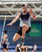 29 February 2020; Jai Benson of Lagan Valley AC, Antrim, competing in the Senior Men's Triple Jump event during day one of the Irish Life Health National Senior Indoor Athletics Championships at the National Indoor Arena in Abbotstown in Dublin. Photo by Sam Barnes/Sportsfile