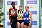 29 February 2020; Senior Women's 200m medallists, from left, Rhasidat Adeleke of Tallaght AC, Dublin, silver, Phil Healy of Bandon AC, Cork, gold, and Catherine Mcmanus of Dublin City Harriers AC, bronze during day one of the Irish Life Health National Senior Indoor Athletics Championships at the National Indoor Arena in Abbotstown in Dublin. Photo by Sam Barnes/Sportsfile