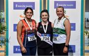 29 February 2020; Senior Women's Shot Put Medallists, from left, Casey Mulvey of Inny Vale AC, Cavan, silver, Michaela Walsh of Swinford AC, Mayo, gold, and Ciara Sheehy of Emerald AC, Limerick, bronze, during day one of the Irish Life Health National Senior Indoor Athletics Championships at the National Indoor Arena in Abbotstown in Dublin. Photo by Sam Barnes/Sportsfile