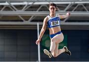 29 February 2020; Katelyn Farrelly of Tullamore Harriers AC, Offaly, competing in the Senior Women's Long Jump event during day one of the Irish Life Health National Senior Indoor Athletics Championships at the National Indoor Arena in Abbotstown in Dublin. Photo by Sam Barnes/Sportsfile