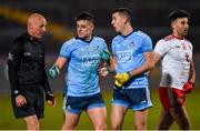 29 February 2020; Brian Howard, left, and Cormac Costello of Dublin in conversation with Referee Cormac Reilly after the Allianz Football League Division 1 Round 5 match between Tyrone and Dublin at Healy Park in Omagh, Tyrone. Photo by Oliver McVeigh/Sportsfile