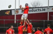 29 February 2020; Fineen Wycherley of Munster wins possession in a lineout during the Guinness PRO14 Round 13 match between Munster and Scarlets at Thomond Park in Limerick. Photo by Diarmuid Greene/Sportsfile