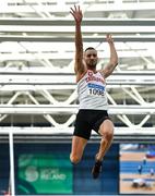1 March 2020; Adam Mcmullen of Crusaders AC, Dublin, competing in the Senior Men's Long Jump event during Day Two of the Irish Life Health National Senior Indoor Athletics Championships at the National Indoor Arena in Abbotstown in Dublin. Photo by Eóin Noonan/Sportsfile