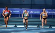 1 March 2020; Athletes, from left, Patience Jumbo-Gula of Dundalk St Gerards AC, Louth, Niamh Whelan of Ferrybank AC, Waterford, and Joan Healy of Leevale AC, Cork, competing in the Senior Women's 60m event during Day Two of the Irish Life Health National Senior Indoor Athletics Championships at the National Indoor Arena in Abbotstown in Dublin. Photo by Sam Barnes/Sportsfile