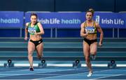 1 March 2020; Athletes, from left, Niamh Whelan of Ferrybank AC, Waterford, and Joan Healy of Leevale AC, Cork, competing in the Senior Women's 60m event during Day Two of the Irish Life Health National Senior Indoor Athletics Championships at the National Indoor Arena in Abbotstown in Dublin. Photo by Sam Barnes/Sportsfile