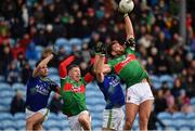 1 March 2020; Aidan O'Shea, right, and Ryan O'Donoghue of Mayo contest a high ball with Graham O’Sullivan, left, and Shane Enright of Kerry during the Allianz Football League Division 1 Round 5 match between Mayo and Kerry at Elverys MacHale Park in Castlebar, Mayo. Photo by Brendan Moran/Sportsfile