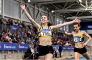 1 March 2020; Louise Shanahan of Leevale AC, Cork, celebrates as she crosses the line to win Senior Women's 1500m event, ahead of Ciara Everard of UCD AC, Dublin, during Day Two of the Irish Life Health National Senior Indoor Athletics Championships at the National Indoor Arena in Abbotstown in Dublin. Photo by Sam Barnes/Sportsfile