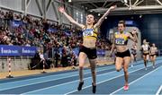 1 March 2020; Louise Shanahan of Leevale AC, Cork, celebrates as she crosses the line to win Senior Women's 1500m event, ahead of Ciara Everard of UCD AC, Dublin, during Day Two of the Irish Life Health National Senior Indoor Athletics Championships at the National Indoor Arena in Abbotstown in Dublin. Photo by Sam Barnes/Sportsfile