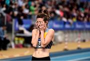 1 March 2020; Ciara Everard of UCD AC, Dublin, reacts after finishing second in the Senior Women's 1500m event during Day Two of the Irish Life Health National Senior Indoor Athletics Championships at the National Indoor Arena in Abbotstown in Dublin. Photo by Sam Barnes/Sportsfile