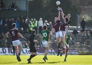 1 March 2020; Bryan Menton of Meath in action against Céin Darcy, left, and Ronan Steede of Galway during the Allianz Football League Division 1 Round 5 match between Meath and Galway at Páirc Tailteann in Navan, Meath. Photo by Daire Brennan/Sportsfile