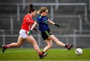 1 March 2020; Lisa Cafferky of Mayo shoots to score her side's first goal of the game, despite pressure from Marie Ambrose of Cork, during the Lidl Ladies National Football League Division 1 match between Cork and Mayo at Mallow GAA Complex in Cork. Photo by Seb Daly/Sportsfile