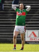 1 March 2020; Keith Higgins of Mayo reacts after missing an injury time scoring chance to level the score during the Allianz Football League Division 1 Round 5 match between Mayo and Kerry at Elverys MacHale Park in Castlebar, Mayo. Photo by Brendan Moran/Sportsfile