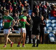 1 March 2020; Oisin Mullin of Mayo is shown a black card by referee Martin McNally during the Allianz Football League Division 1 Round 5 match between Mayo and Kerry at Elverys MacHale Park in Castlebar, Mayo. Photo by Brendan Moran/Sportsfile