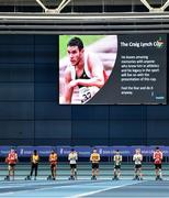 1 March 2020; Athletes observe a minutes applause in a tribute to late Irish and Shercock AC athlete Craig Lynch ahead of the senior men's 60m event during Day Two of the Irish Life Health National Senior Indoor Athletics Championships at the National Indoor Arena in Abbotstown in Dublin. Photo by Eóin Noonan/Sportsfile