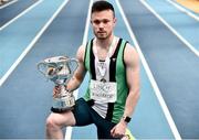 1 March 2020; Dean Adams of Ballymena and Antrim AC with the Craig Lynch Cup after winning the Senior Men's 60m event during Day Two of the Irish Life Health National Senior Indoor Athletics Championships at the National Indoor Arena in Abbotstown in Dublin. Photo by Sam Barnes/Sportsfile