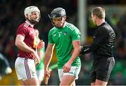 1 March 2020; Darragh O’Donovan of Limerick with referee Shane Hynes before being shown a straight red card during the Allianz Hurling League Division 1 Group A Round 5 match between Limerick and Westmeath at LIT Gaelic Grounds in Limerick. Photo by Diarmuid Greene/Sportsfile