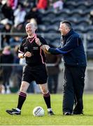 1 March 2020; Referee Jonathan Murphy and Mayo manager Peter Leahy during the Lidl Ladies National Football League Division 1 match between Cork and Mayo at Mallow GAA Complex in Cork. Photo by Seb Daly/Sportsfile