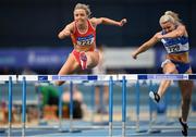 1 March 2020; Sarah Quinn of St Colmans South Mayo AC on her way to winning the Senior Women's 60m Hurdles event during Day Two of the Irish Life Health National Senior Indoor Athletics Championships at the National Indoor Arena in Abbotstown in Dublin. Photo by Eóin Noonan/Sportsfile