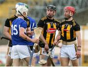 1 March 2020; Eoin Gaughan of Laois with Conor Delaney and Darren Mullen of Kilkenny after a coming together during the Allianz Hurling League Division 1 Group B Round 5 match between Laois and Kilkenny at UPMC Nowlan Park in Kilkenny. Photo by Michael P Ryan/Sportsfile