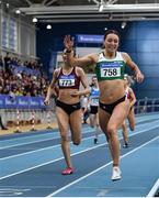 1 March 2020; Sophie Becker of St Joseph's AC, Kilkenny, right, celebrates as she crosses the line to win the Senior Women's 400m event during Day Two of the Irish Life Health National Senior Indoor Athletics Championships at the National Indoor Arena in Abbotstown in Dublin. Photo by Sam Barnes/Sportsfile