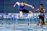 1 March 2020; Gerard O'Donnell of Carrick-on-Shannon AC, Leitrim, left, on his way to winning the Senior Men's 60m Hurdles  event during Day Two of the Irish Life Health National Senior Indoor Athletics Championships at the National Indoor Arena in Abbotstown in Dublin. Photo by Sam Barnes/Sportsfile