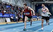 1 March 2020; Cathal Crosbie of Ennis Track AC, Clare, centre, on his way to winning the Senior Men's 400m event, ahead of Brian Gregan of Clonliffe Harriers AC, Dublin, left, and Andrew Mellon of Crusaders AC, Dublin, during Day Two of the Irish Life Health National Senior Indoor Athletics Championships at the National Indoor Arena in Abbotstown in Dublin. Photo by Sam Barnes/Sportsfile