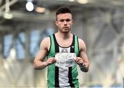 1 March 2020; Dean Adams of Ballymena and Antrim AC after winning the Senior Men's 60m event during Day Two of the Irish Life Health National Senior Indoor Athletics Championships at the National Indoor Arena in Abbotstown in Dublin. Photo by Sam Barnes/Sportsfile